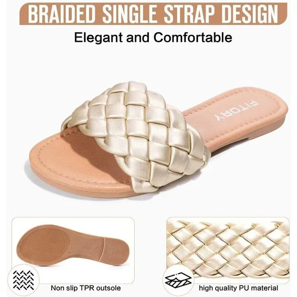 Women's Gold Braided Strap Round Open Toe Slip On Slides Slippers Flat Sandals - Picture 3 of 5